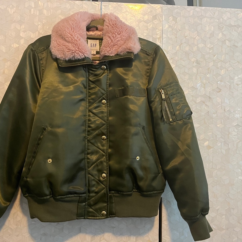 Woman’s Gap Green Bomber Jacket with Pink Faux Trim